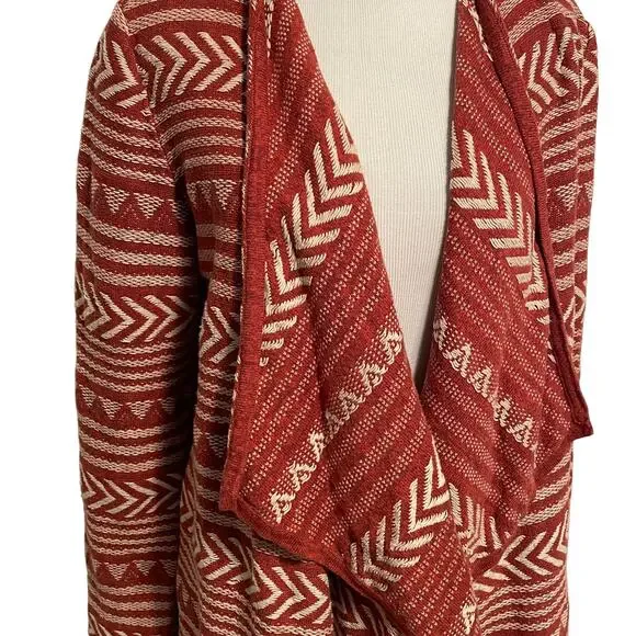 Lucky Brand Aztec Open Cardigan Womens Medium Rust Draped Sweater Topper Casual - Picture 2 of 8